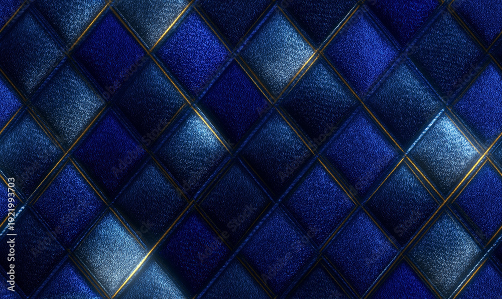 Obraz premium Luxurious dark blue quilted leather seamless background with golden stitching pattern. for elegant interior design and fashion projects