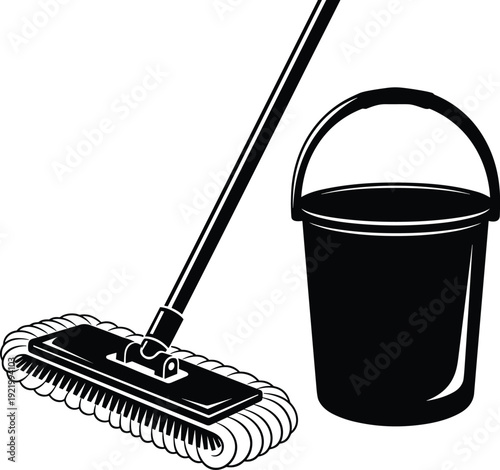 Cleaning mop and bucket silhouette illustration isolated on white background, representing housekeeping, hygiene, sanitation, janitorial service, and home maintenance concepts
