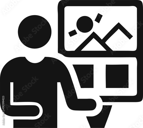 A person reviewing and managing visual media content displayed on multiple screens or panels