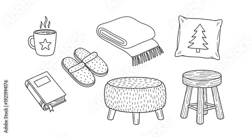 Cozy home essentials including a cup, slippers, and stool are arranged neatly on a clean white background, illustrating a serene lifestyle scene from a straightforward viewpoint.