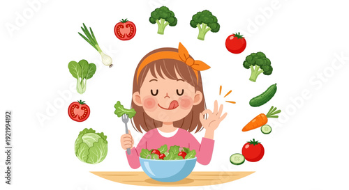 A young girl enjoying a fresh salad surrounded by various vegetables and fruits in a lively illustration