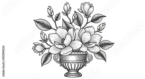 Beautiful floral arrangement in ornate vase, illustration of flowers and leaves from a front view