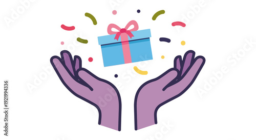 Hands holding a gift box with confetti surrounding it in a celebratory gesture