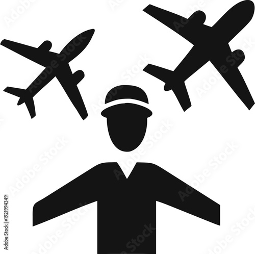 Air traffic controller guiding multiple airplanes with outstretched arms for aviation management