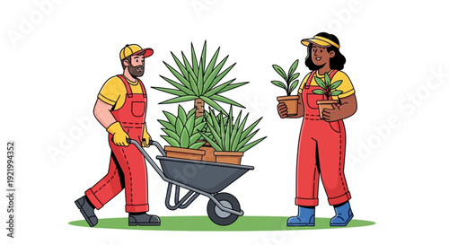 Two gardeners transporting plants in a wheelbarrow across a green lawn