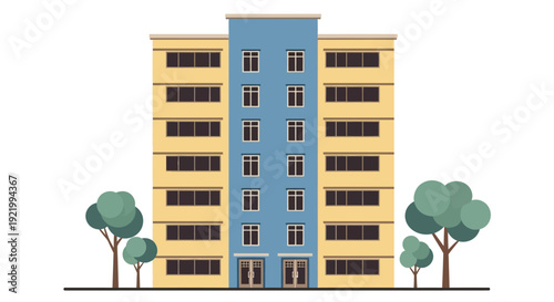 Illustration of a modern apartment building with trees surrounding it from a front viewpoint
