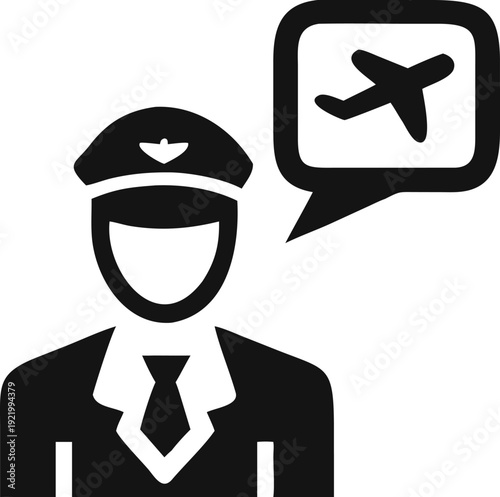 Airline pilot discussing an airplane flight journey in a speech bubble conversation