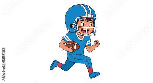Young boy in blue football uniform running with ball in hand, energetic action shot from side view
