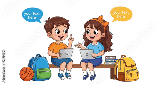 Two children sitting on a bench with laptops engaged in a collaborative activity surrounded by school supplies