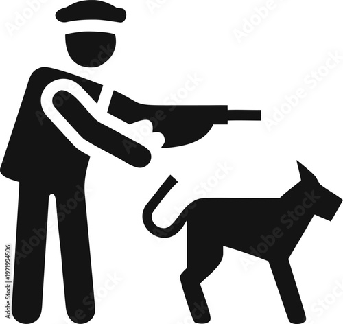 An individual aiming a long rifle firearm at a domestic dog in a stark silhouette representation
