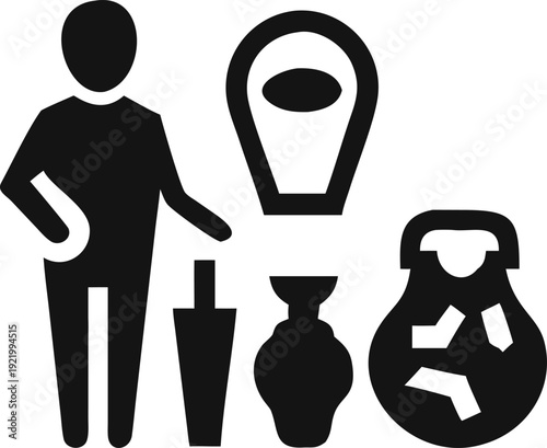 Archaeologist or curator presents ancient artifacts like pottery and historical items