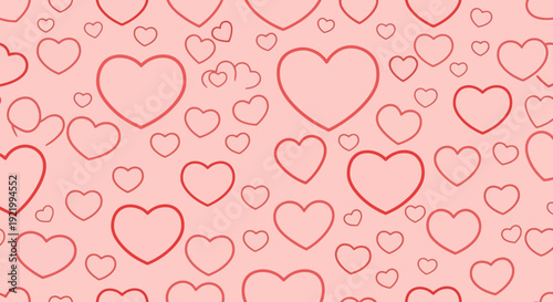 A vibrant pattern of red outlined hearts on a soft pink background, viewed from directly above