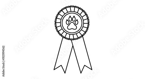 A black and white line art illustration of a dog award ribbon with a paw print in the center