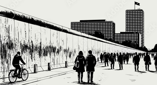 People walking along a wall with a cyclist and cityscape in the background