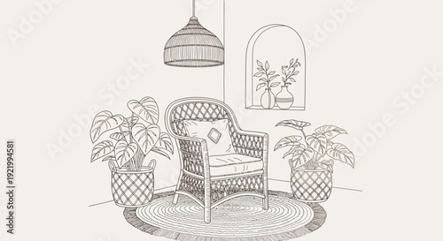 A serene illustration of a wicker armchair surrounded by potted plants under a pendant light in a cozy room