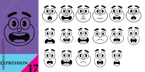 17 Facial expressions emotions set flat design vector illustration