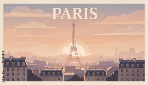 Vintage Paris Travel Poster Illustration with Eiffel Tower at Sunset