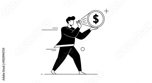 Man holding a giant gold coin with a dollar sign, symbolizing financial success