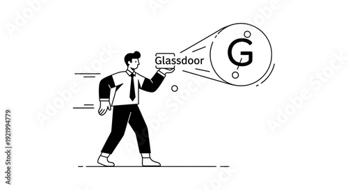 A man holding a magnifying glass with the letter G on it and the word Glassdoor