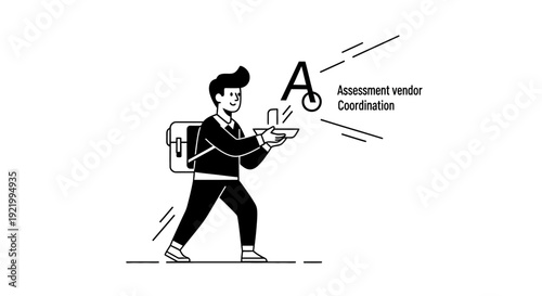 Vector illustration of a person holding a tray with business coordination text and an icon
