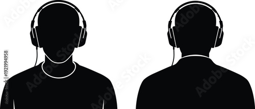Front and back view silhouette of man wearing headphones isolated on white background, representing music, audio, podcast listening, and modern lifestyle concepts