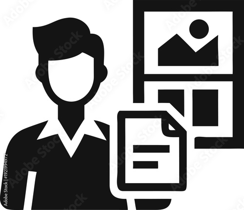 Business Professional Displaying Document and Visual Media Portfolio or Presentation