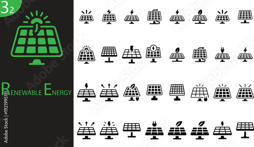Renewable energy sources flat design vector illustration with solar panels and wind turbines