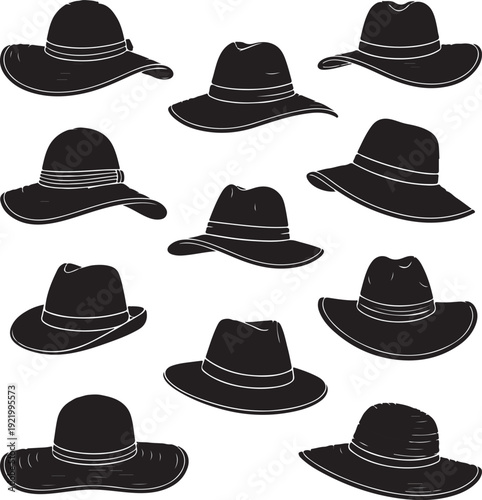 Collection of black hat silhouettes with wide brims and ribbons isolated on transparent background