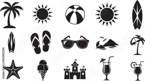 Collection of summer vacation and travel symbols and icons in simple design style