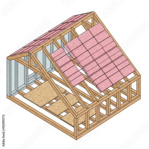 Residential house under construction with exposed wooden frame and roofing.