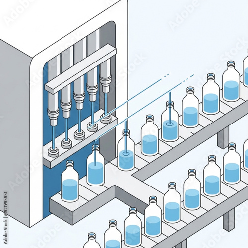 Bottling plant production line with conveyor belt and filling machines.