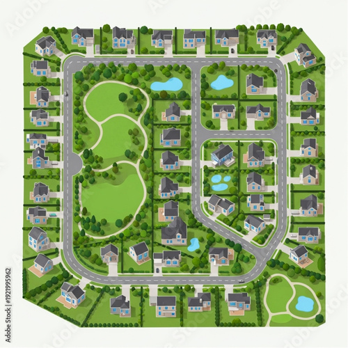 Aerial view of a suburban neighborhood with houses and parks.