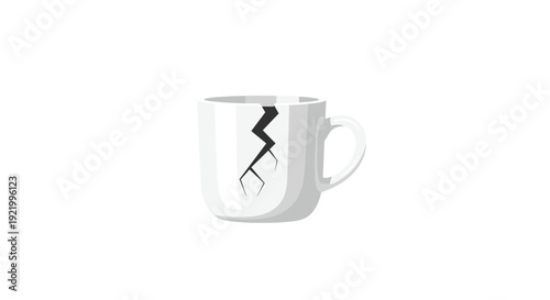 A light gray ceramic coffee mug with a prominent dark crack running vertically down its side stands isolated on a plain white background.