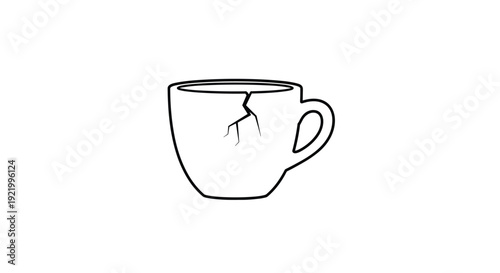 A simple outline drawing depicts a ceramic coffee mug with a visible crack extending down its side against a plain white background.