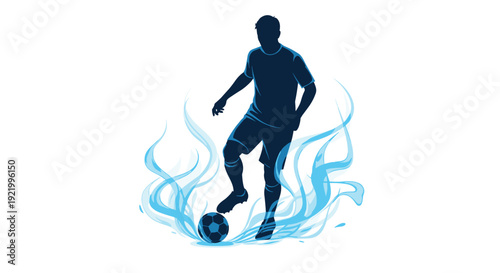 A dynamic dark blue silhouette of a soccer player is dribbling a football with swirling blue smoke beneath his feet on a clear white background.