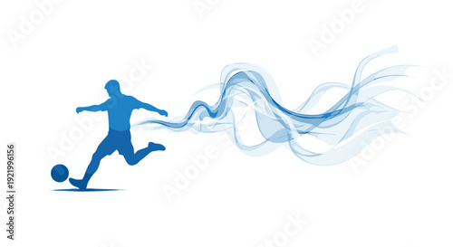 A dark blue silhouette of a soccer player is kicking a football with great force, creating a long, wavy blue energy trail across a clear white background.