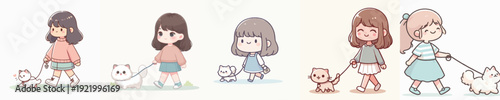 A Girl Walking a Cat Vector Illustration