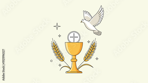 Religious symbols for first holy communion featuring a golden chalice with the host stalks of wheat and a flying white dove.