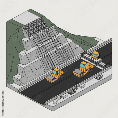 Construction Site with Roadwork and Retaining Wall.