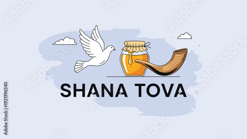 Rosh hashanah celebration greeting card with honey jar shofar and a white dove on a soft blue background for shana tova.