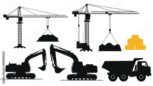 Silhouettes of heavy construction machinery including tower cranes excavators and a dump truck at a building site works.