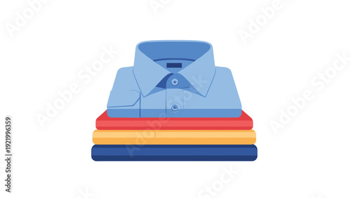 Neatly stacked folded dress shirts in blue red and yellow colors illustrating apparel retail and laundry organization.
