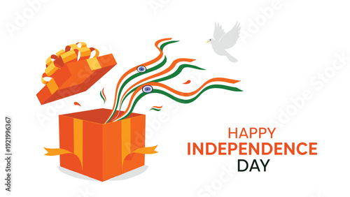 Happy indian independence day celebration graphic featuring an open orange gift box with tricolor ribbons and a white dove.
