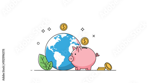 Global savings concept showing a pink piggy bank next to the earth globe with gold coins and green leaves on white.