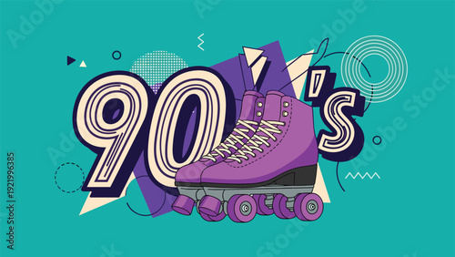 Retro nineties style design featuring a pair of purple roller skates with bold text and colorful geometric patterns.