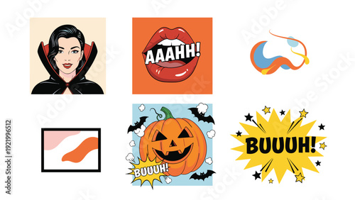 Pop art style halloween graphics featuring a vampire woman screaming lips a carved pumpkin and spooky messages.