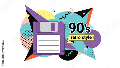Nostalgic nineties retro style graphic featuring a purple floppy disk on a vibrant geometric and abstract background.