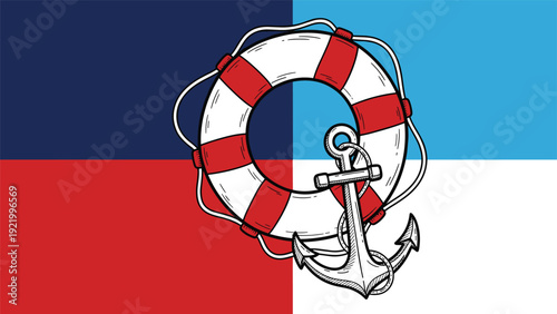 Nautical themed illustration featuring a red and white lifebuoy and a metal anchor set against a blue, red, and white background.