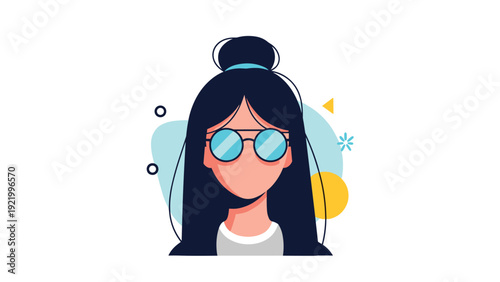 Modern female avatar wearing blue tinted sunglasses with a dark hair bun set against a background of abstract colorful shapes.