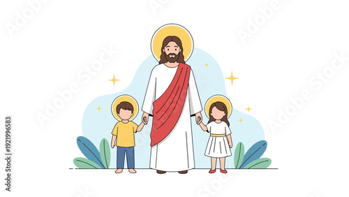 Illustration of Jesus Christ wearing a white robe and red sash while holding the hands of a young boy and girl in a field.